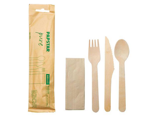 220790 Papstar 88243 Bestikkpose PURE tre 3deler m/serviett Miljøvennlig bestikksett produsert i tre