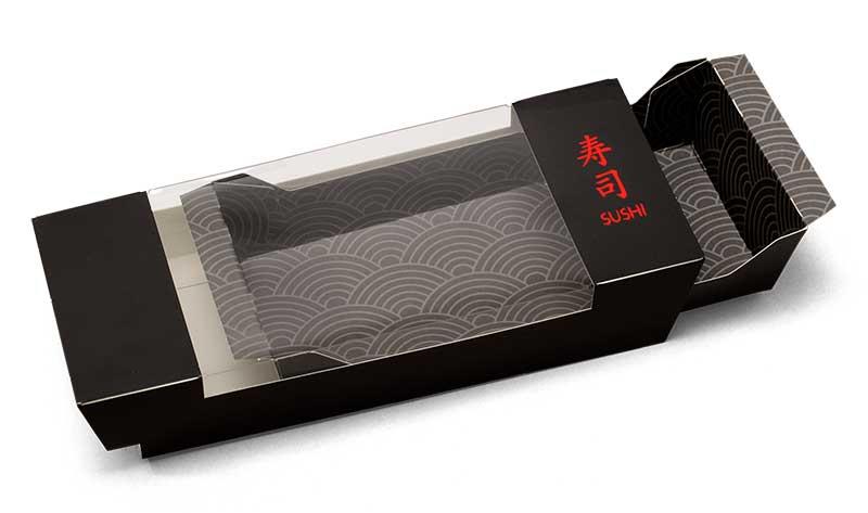 9433927   Sushiboks LUX med vindu i sort kartong Small | 220 x 90 x 50 mm