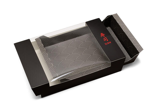 Sushiboks LUX med vindu i sort kartong Large | 240 x 160 x 50 mm 