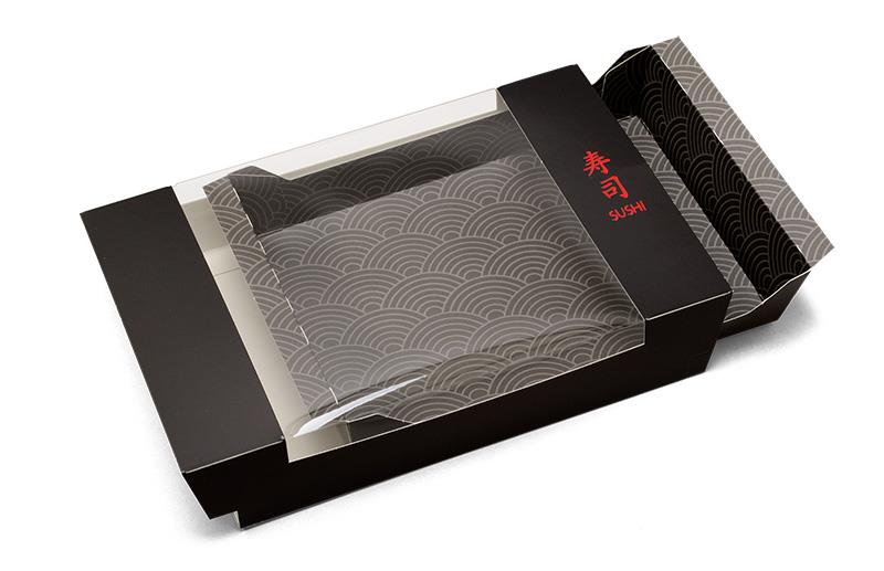 9433928   Sushiboks LUX med vindu i sort kartong Medium | 185 x 130 x 50 mm