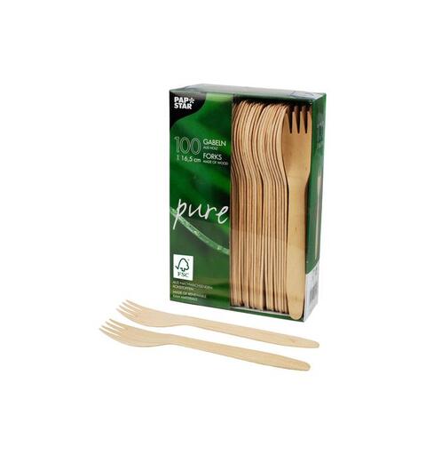 Engangsgaffel PURE tre 16,5 cm (100) Miljøvennlige engangsgaffel i bjørk