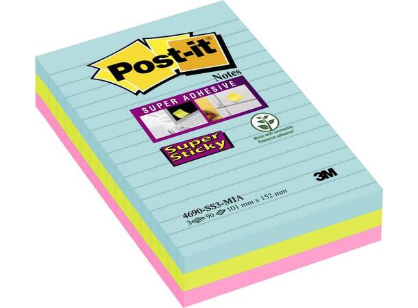 POST-IT® SuperS 101x152mm linj Miami (3) Fargede notatblokker ass. 