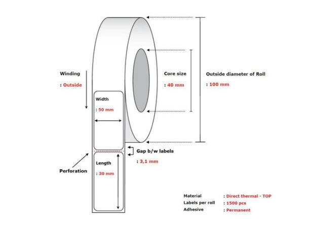 Termoetikett 50x30 mm nøytral permanent ruller à 1500 etiketter | 40 mm kjerne 