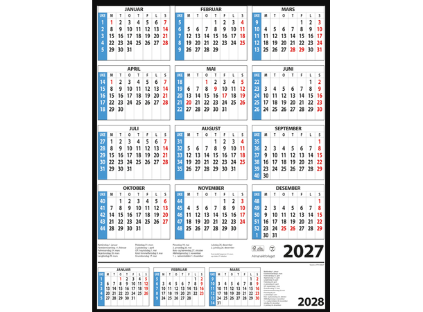 7.sans Årskalender A2 2027 Veggkalender | Plakatkalender 