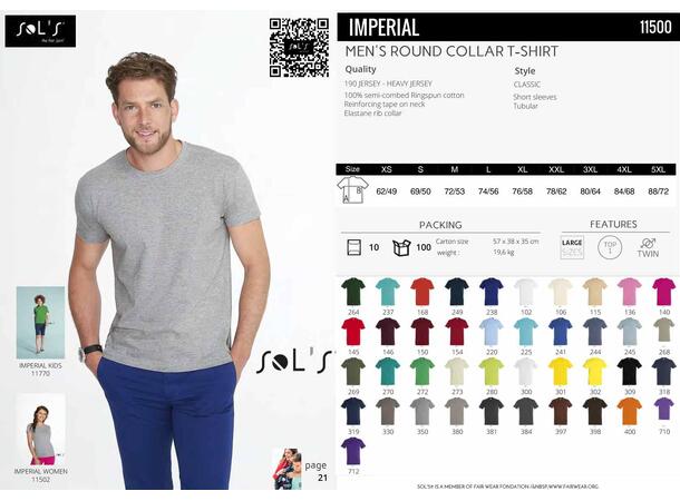 T-skjorte Sol's Imperial Herre-Dame-Barn 190gr bomull 41 farger 