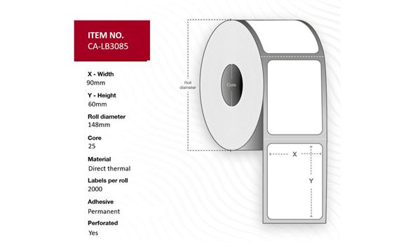 9441400   Termoetikett 90x60 mm n&#248;ytral permanent ruller &#224; 2000 etiketter | 25 mm kjerne