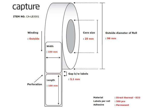 Termoetikett nøytral 100 x 100mm Perman. 500 stk. | Permanent lim 
