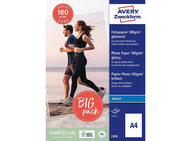 Avery Fotopapir Glossy Inkjet 180g A4 100 ark 