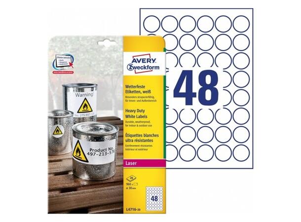 Avery sterke etiketter, hvite runde Ø 30 mm i diameter | 48 pr ark | 960 stk 