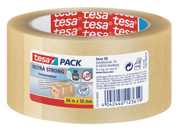 Emballasjetape TESA Ultra 50mmx66m klar Slitesterk pakketape i kraftig naturgum. 