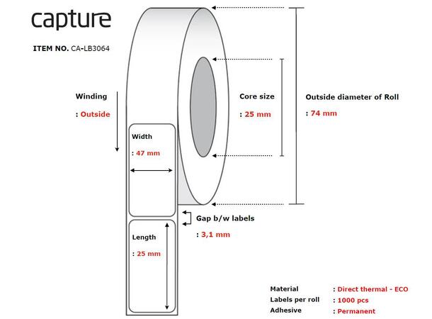 Etikett 47x25mm ø74mm | 25mm kjerne Permanent lim, 1000pr.rl|12 rl pr.krt 
