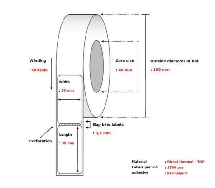 9438819   Termoetikett 50x30 mm n&#248;ytral permanent ruller &#224; 1500 etiketter | 40 mm kjerne