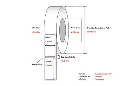 9438819   Termoetikett 50x30 mm n&#248;ytral permanent ruller &#224; 1500 etiketter | 40 mm kjerne