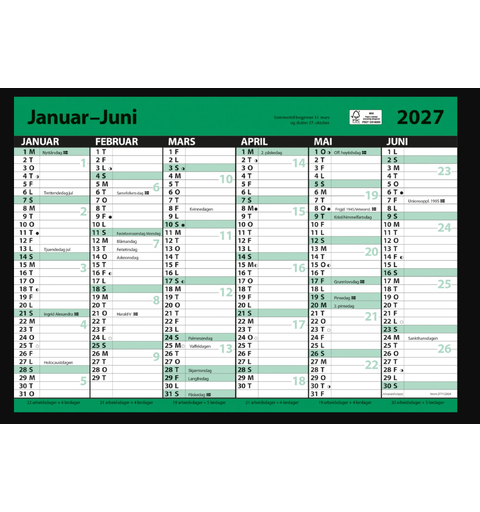 7.sans Kontorkalender, enkel A3 2027 Halvårskalender | Platekalender