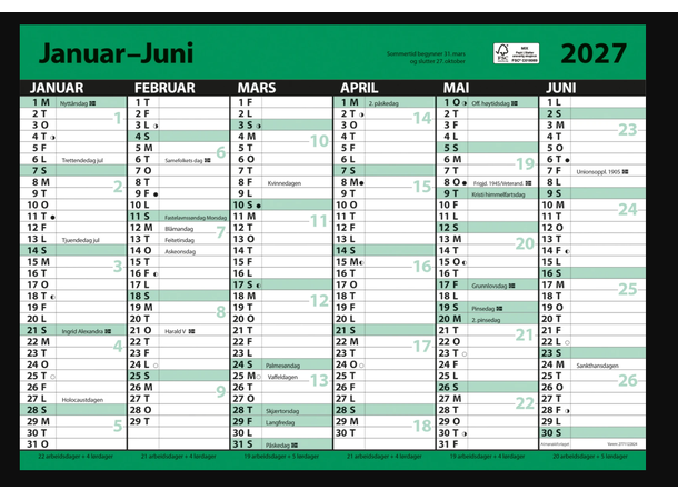 7.sans Kontorkalender, enkel A3 2027 Halvårskalender | Platekalender 