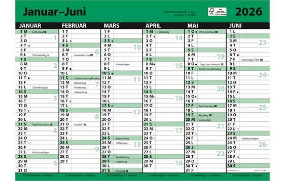 9446351  3367168 7.sans Kontorkalender, enkel A3 m linjer Halvårskalender | Platekalender
