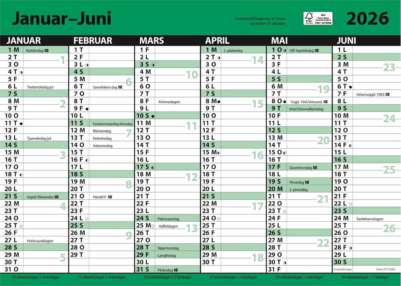 9446351  3367168 7.sans Kontorkalender, enkel A3 m linjer Halvårskalender | Platekalender