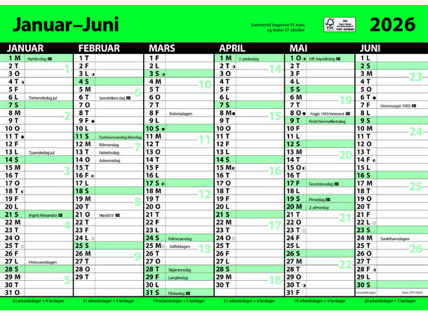 7.sans Kontorkalender, enkel A3 m linjer Halvårskalender | Platekalender 