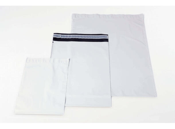 E-handelspose i hvit LDPE med trykk 1+0 med klaff/limstripe 340 x 420 mm 50 my 