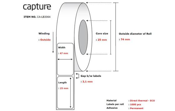 9436634  CA-LB3064 Etikett 47x25mm &#248;74mm | 25mm kjerne Permanent lim, 1000pr.rl|12 rl pr.krt