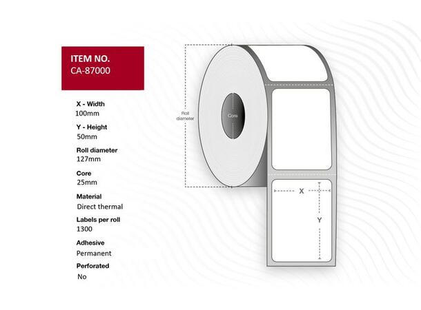 Thermoetikett 100 x 50 mm hvit nøytral Kjerne 25 mm| perm.lim |1300 pr rull 