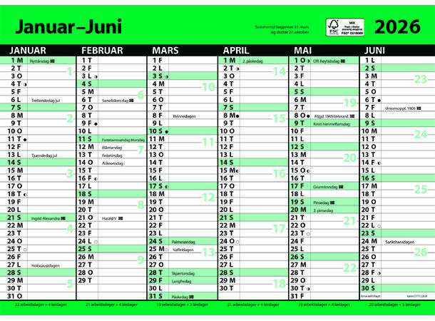 7.sans Kontorkalender, enkel A4 m linjer Veggkalender | Platekalender 