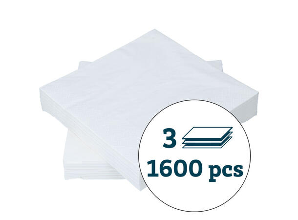 Serviett hvit 3-lag 33 x 33 cm Hvite 3-lags servietter (1600 stk) 