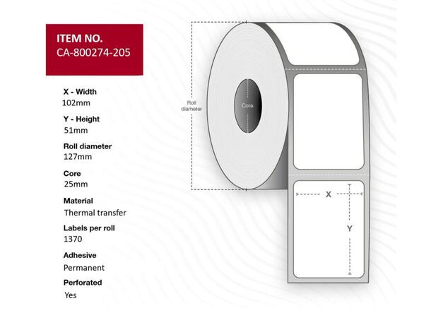 Termotransfer 102x51mm nøytral permanent ruller à 1370 etiketter | 25 mm kjerne 