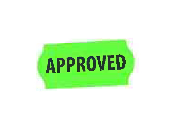 Etikett 26 x 12 mm til 1 linjers maskin Flour grønn etikett m/trykk "APPROVED 