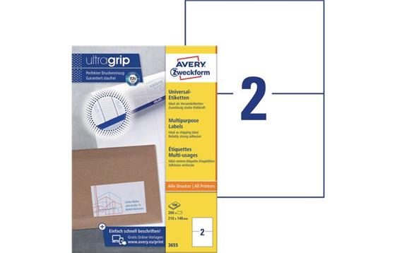 187510 Avery 3655 Etikett AVERY Ultragrip 210x148mm (200) etiketter for laser, kopi og inkjet