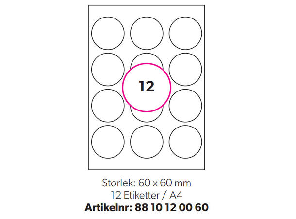 Etikett for laser og inkjet 60 mm runde 12 etiketter pr ark | Label Media (100) 