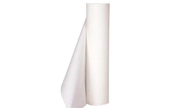 9443925  1010002103 Legebenkpapir, 2-lags, 200m x 495mm Ø185mm, hvit, nyfiber, perforert, engang
