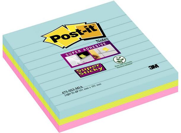 POST-IT® SuperS 101x101mm linj Miami (3) Fargede notatblokker ass. 