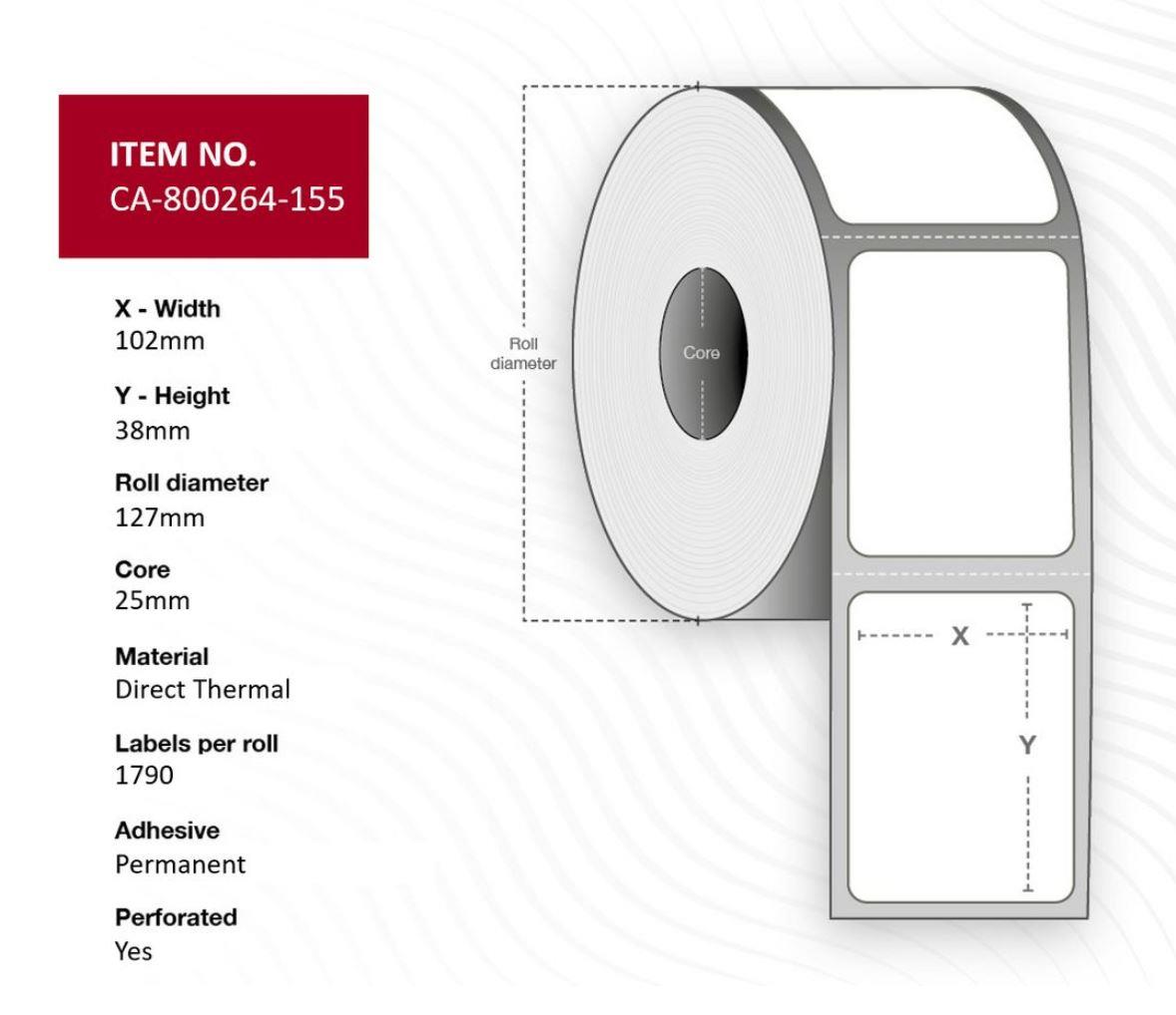 9444824 Zebra CA-800264-155 Termoetikett 102 x 38 mm Permanent lim Z-Select 2000D, 12 ruller/eske