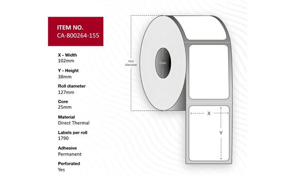 9444824 Zebra CA-800264-155 Termoetikett 102 x 38 mm Permanent lim Z-Select 2000D, 12 ruller/eske