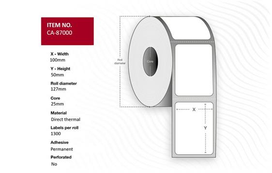 9442364  87000 Thermoetikett 100 x 50 mm hvit n&#248;ytral Kjerne 25 mm| perm.lim |1300 pr rull