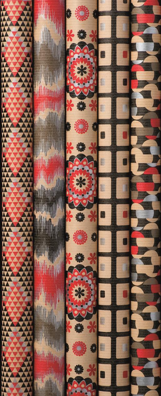 33153  33053 232137 Gavepapir, ETHNIC ELEGANCE, sm&#229;ruller 2x0,7m, 5 ass. design, brunt kraftpapir