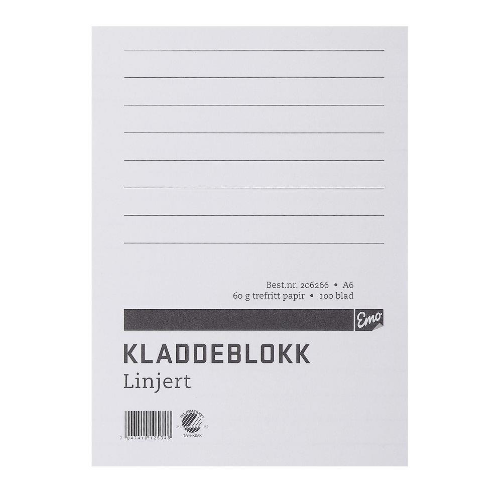 149944  533636010 Kladdeblokk EMO A6 60g 100s linjer Skrive Skole Notat