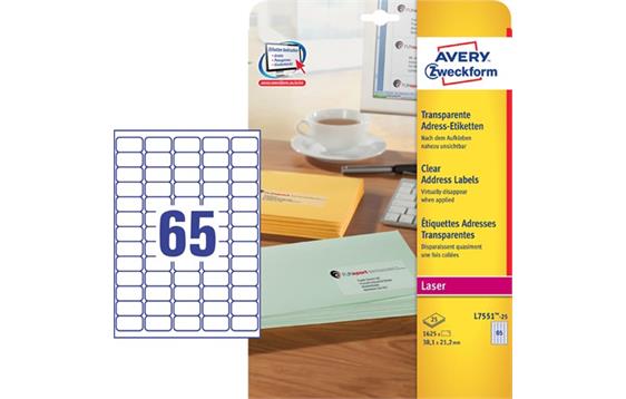9419228 Avery L7551 Avery laser 38,1x21,2 mm | L7551 (25) transparente mini etiketter for laser