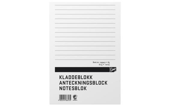 206250  206250 Kladdeblokk A5 linjert. 60G 100Bl Milj&#248;merket