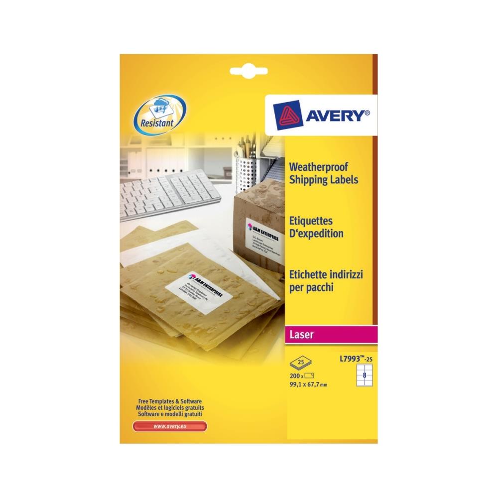 9419025 Avery L7993-25 Avery laser 99.1 x 67.7 | L7993-25 (25) vannfaste/frostsikre etiketter for laser