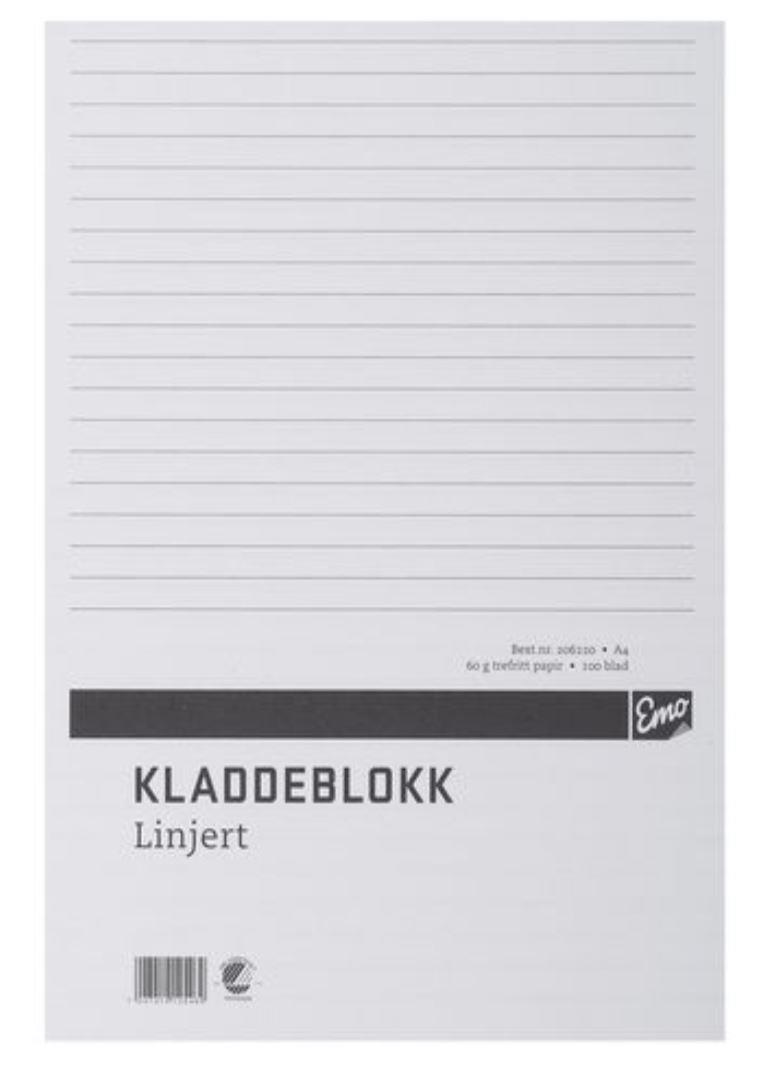 206220  12546 Kladdeblokk A4 linjert 60 gr 100 blad Milj&#248;merket - FSC papir