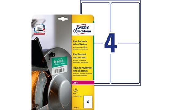 9428640 Avery L7915-10 Avery laseretiketter 99,1x139 mm (40) Ekstremt motstandsdyktige | Elastiske