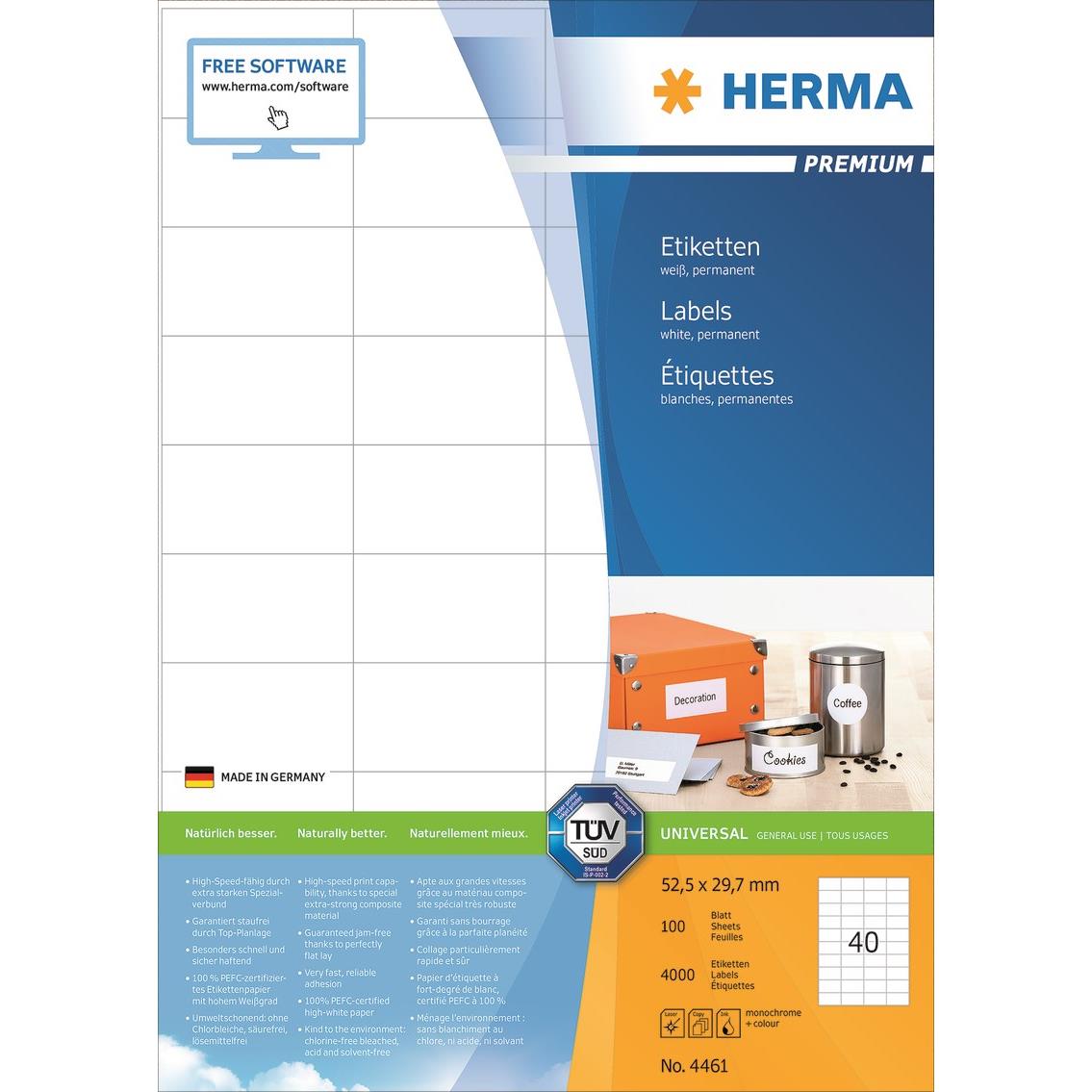 9428438 Xerox 4461 Etikett Herma for laser og ink-jet (4000 52,5 x 29,7 mm. 40 etiketter pr ark