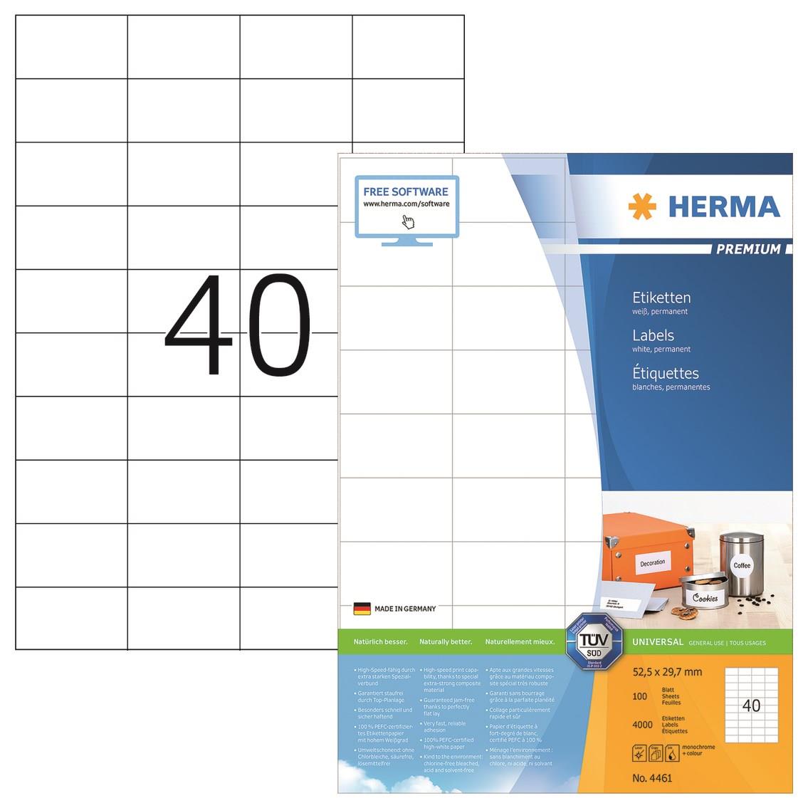 9428438 Xerox 4461 Etikett Herma for laser og ink-jet (4000 52,5 x 29,7 mm. 40 etiketter pr ark