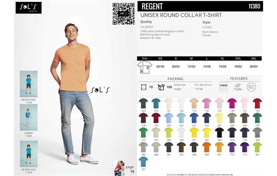 9424629   T-skjorte Sol&#39;s Regent Herre-Dame-Barn 150gr bomull 41 farger