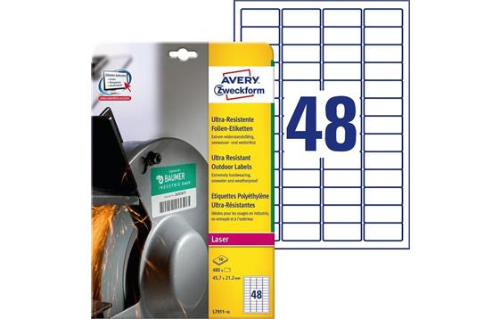 9428636 Avery L7911-10 Avery laseretiketter 45,7x21,2 mm (480) Ekstremt motstandsdyktige | Elastiske