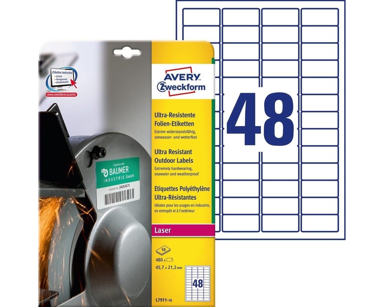 9428636 Avery L7911-10 Avery laseretiketter 45,7x21,2 mm (480) Ekstremt motstandsdyktige | Elastiske