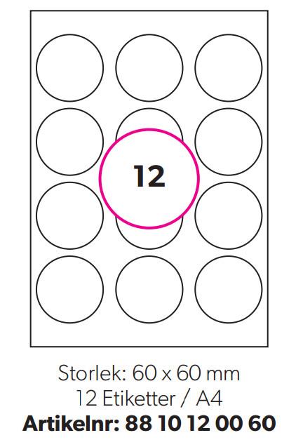 9426648  8810120060 Etikett for laser og inkjet 60 mm runde 12 etiketter pr ark | Label Media (100)