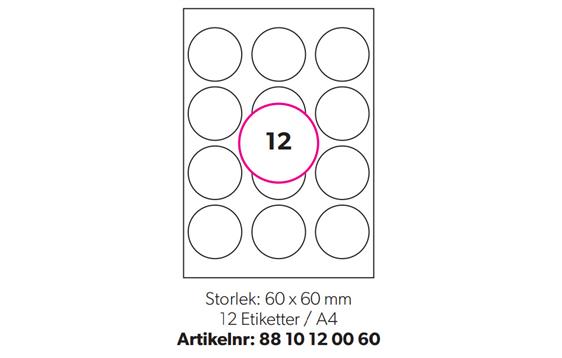9426648  8810120060 Etikett for laser og inkjet 60 mm runde 12 etiketter pr ark | Label Media (100)
